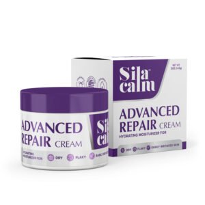 Silacalm Advanced Repair Cream jar and packaging, hydrating moisturizer for dry, flaky, and easily irritated skin.