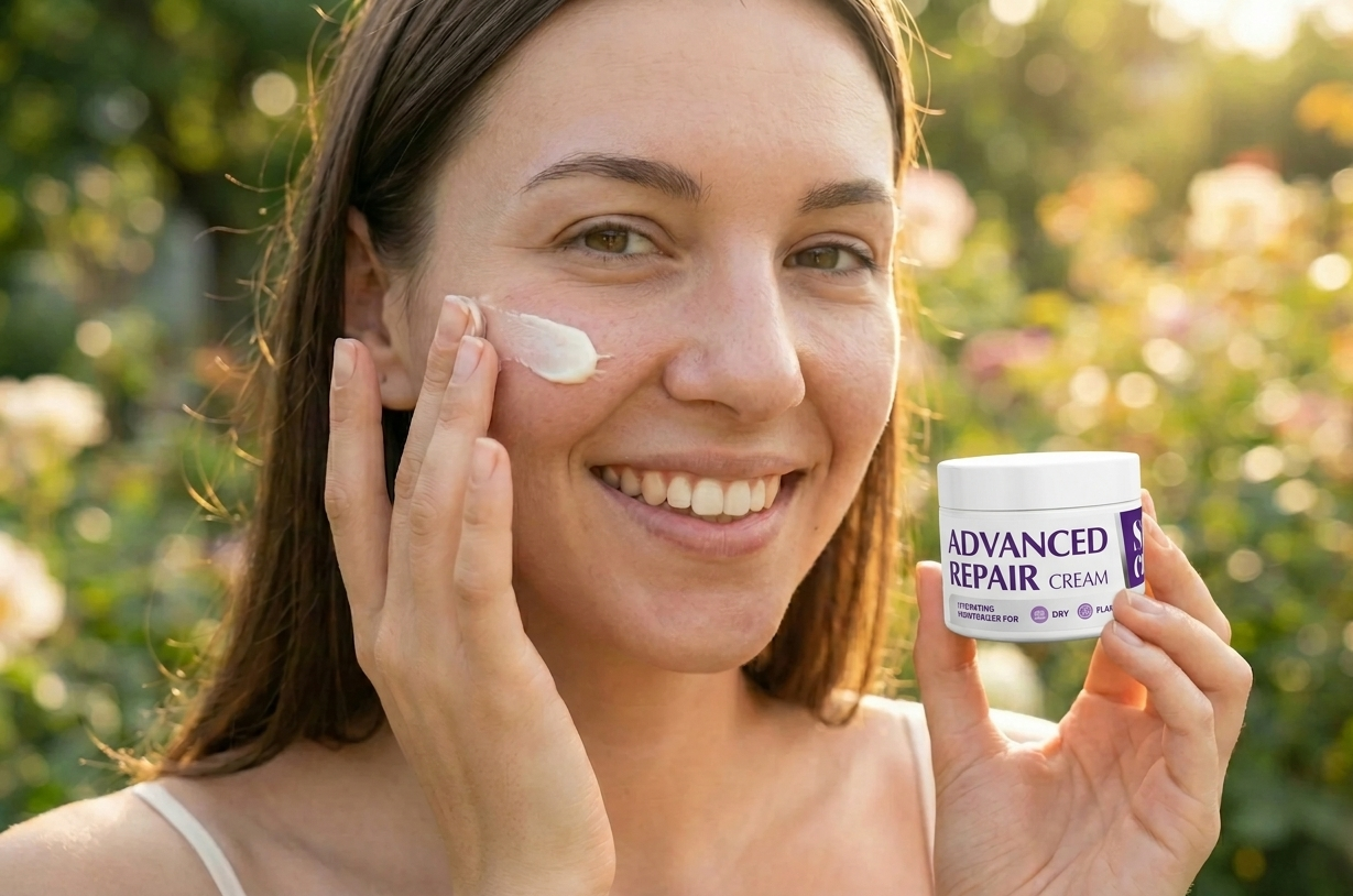 A smiling woman applying white skincare cream to her cheek in a sunlit garden, holding a white jar of Advanced Repair Cream labeled for dry and flaky skin.