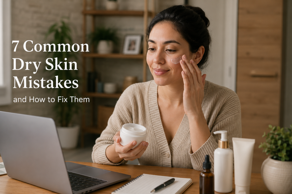 Woman applying moisturizer to dry skin with hydrating skincare products, illustrating 7 common dry skin mistakes and how to fix them.